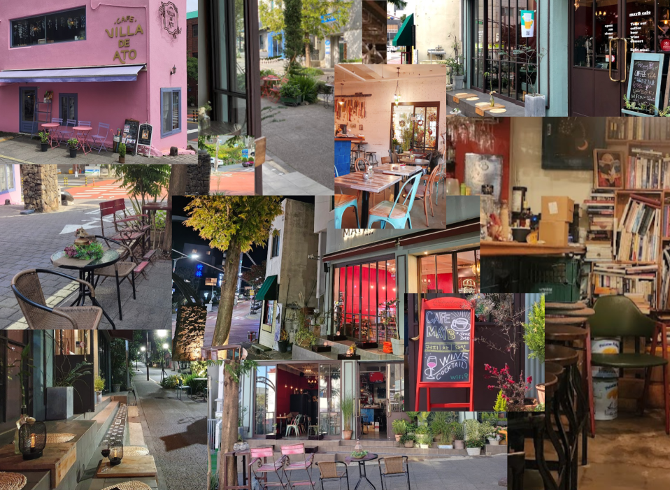 Collage aus Bildern des MayB, Cafe und Wein-Bistro, an der Ijungseom-ro in Seogwipo, Jeju.