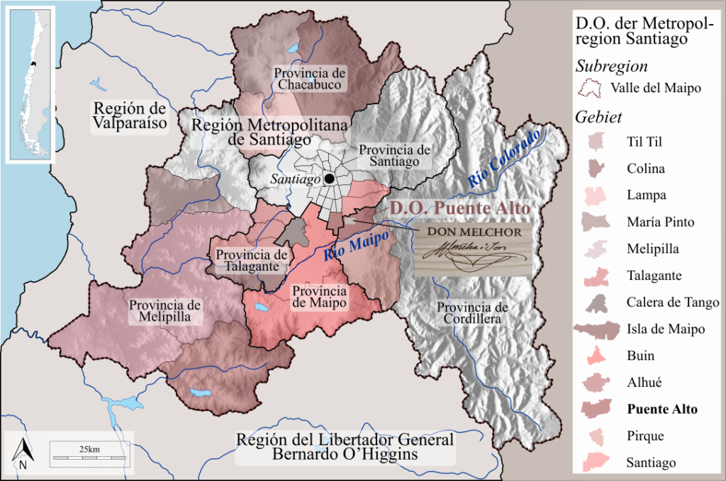Karte der Herkunftsbezeichnungen in der Metropolregion Santiago