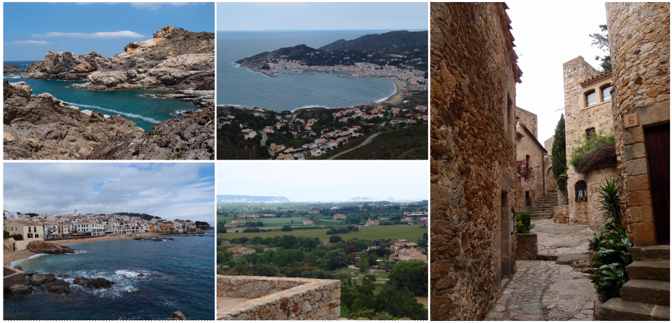 Emoprdà-Impressionen mit dem Cap de Creus, den Küstenorten Calella de Palafrugell und El Port de la Selva am Golfe du Lion, der Empordà-Ebene sowie dem mittelalterlichen Pals im Hinterland (rechts).